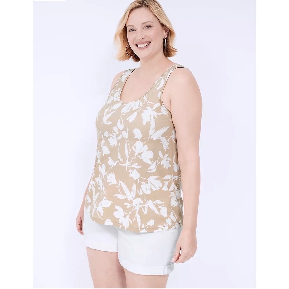 Lane Bryant Tan White Floral Double Scoop Tank Top Plus Size 22/24 Womens Sume